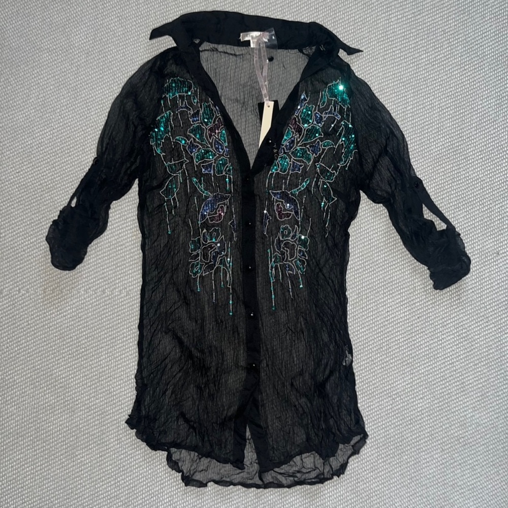 Lucy Co Womens Blue Beaded Black Mesh Sheer Embroidered 3/4 Sleeve Button Up Top